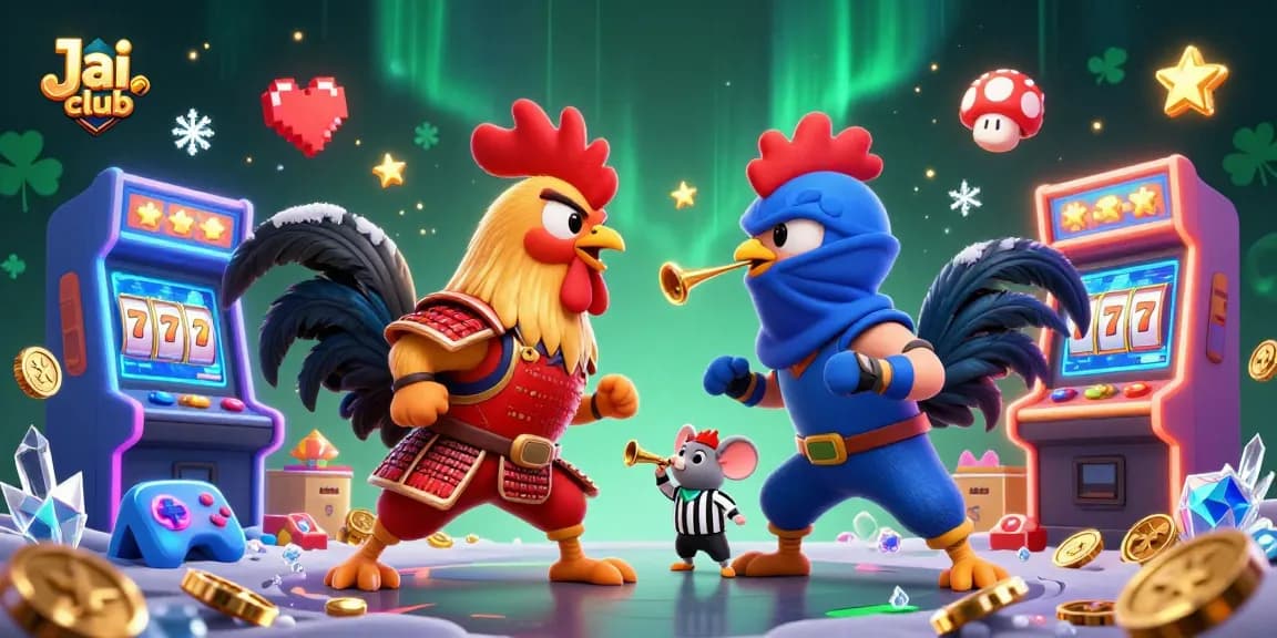 Engage with Jai club's thrilling cartoon battle of fighting roosters featured in a vibrant casino setting.