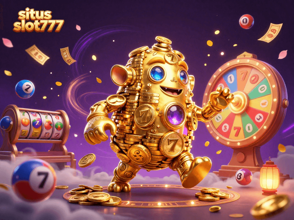 Experience the excitement at situs slot777 with a vibrant slot game scene featuring a golden golem.