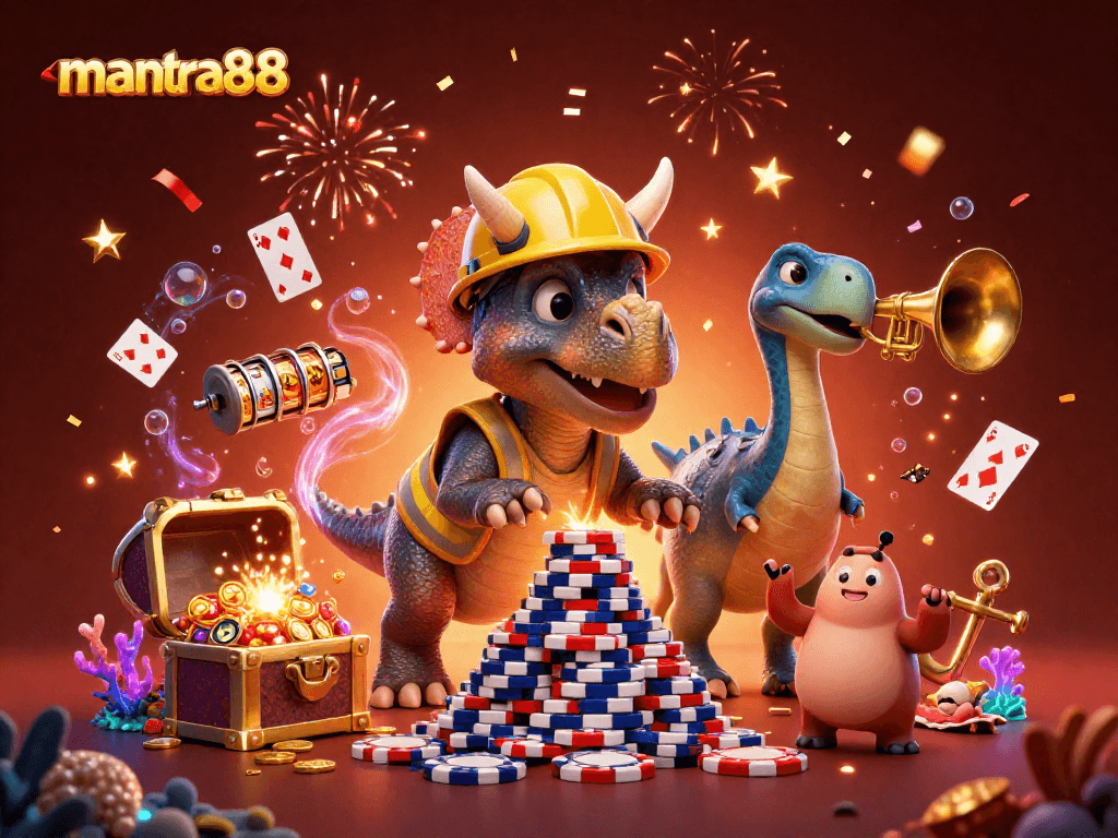 Experience thrilling wins with mantra88 as a triceratops builds poker chip towers in a vibrant casino scene.