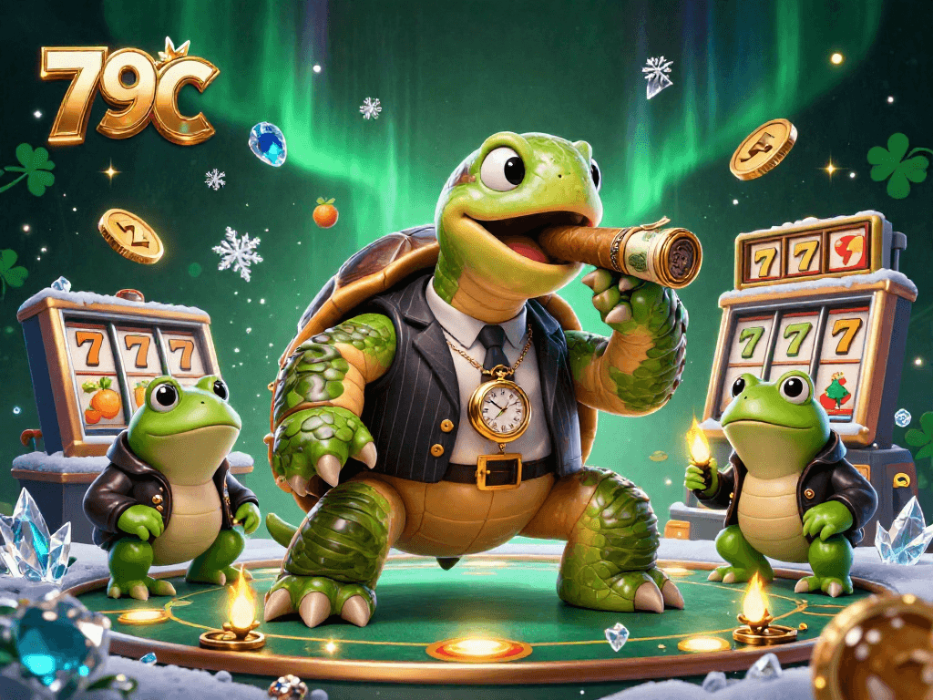 O casino 79C apresenta uma tartaruga gigante vestindo um terno elegante, cercada por elementos de jogos ao vivo.