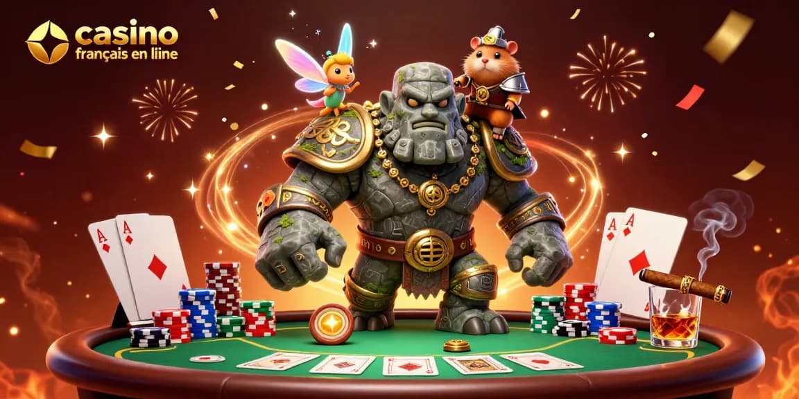 Illustration représentant un casino français en ligne avec un golem gardien, une fée et un hamster chevalier jouant aux cartes.