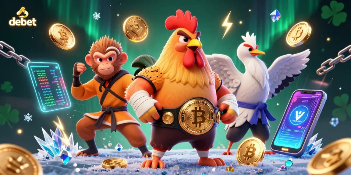 Engaging betting scene with debet-themed characters in a vibrant 3D casino illustration, featuring crypto elements.