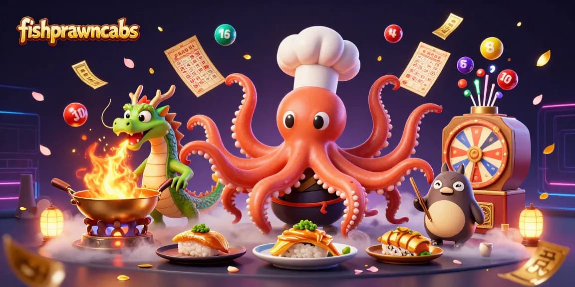 Experience excitement with the fishprawncrabs lottery as characters prepare winning dishes and vibrant games!