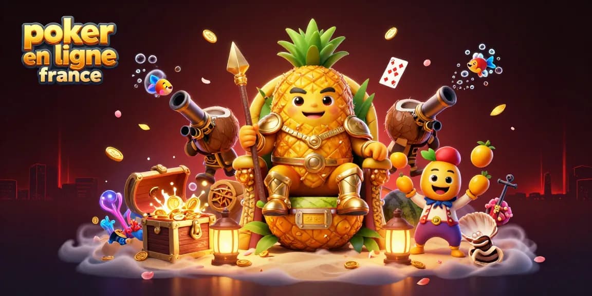 Le roi ananas en 3D sur un trône, illustrant le poker en ligne France avec des éléments de jeu dynamiques.