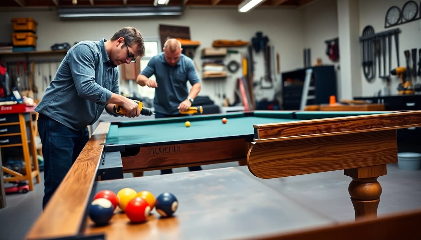 Process of Pool Table Disassembly being executed with tools and parts in a professional setting.