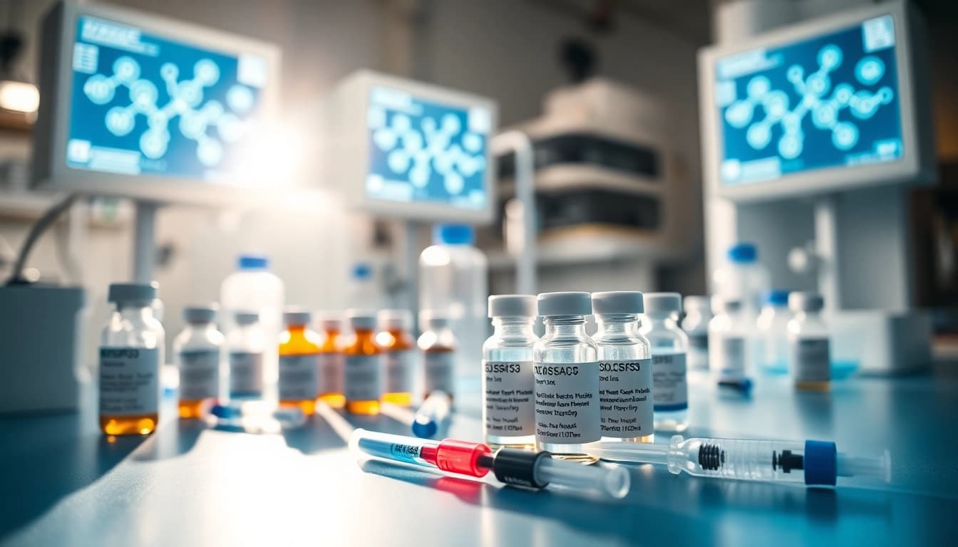 Visualize peptide price comparison with labeled research peptide vials on a laboratory table.