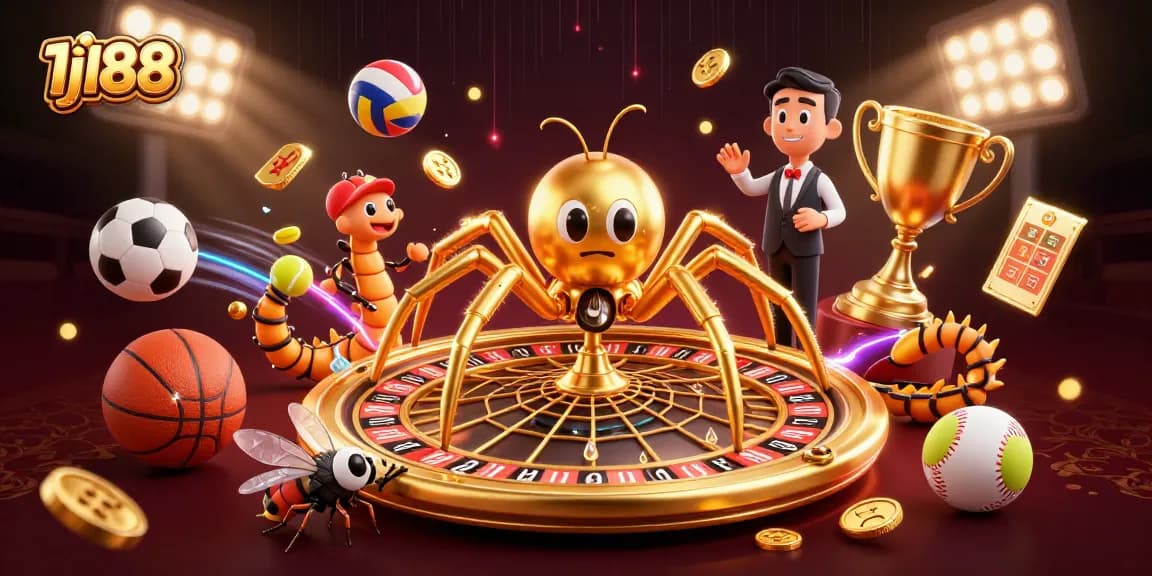 Place bets with 1j188 on a vibrant 3D casino scene featuring a golden web roulette.