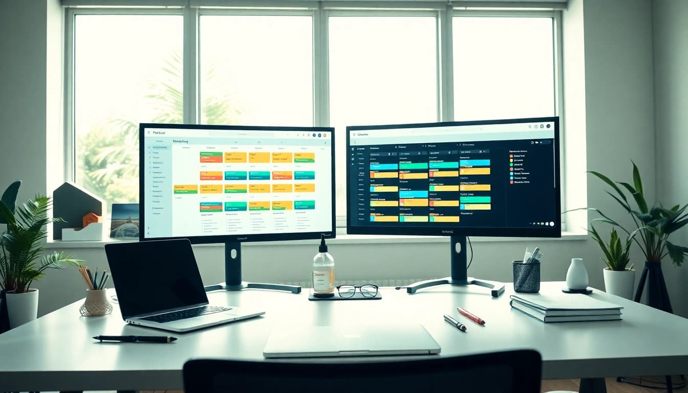 Utilize the virtual assistant scheduling tool in a modern office setup showcasing dual monitors.