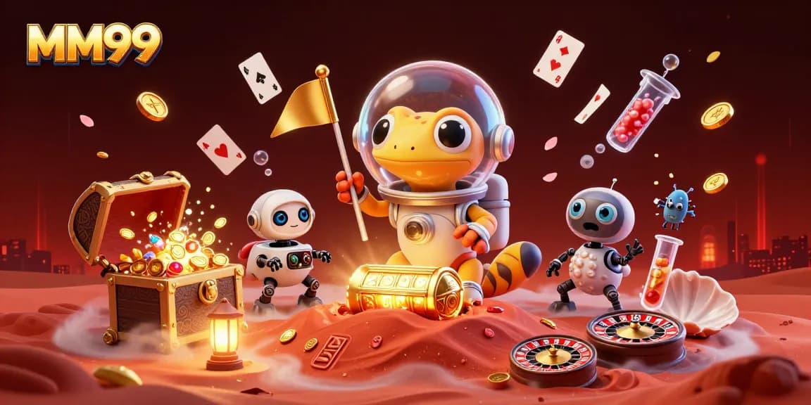 Experience excitement with MM99 at a golden casino on Mars featuring alien characters and vibrant game elements