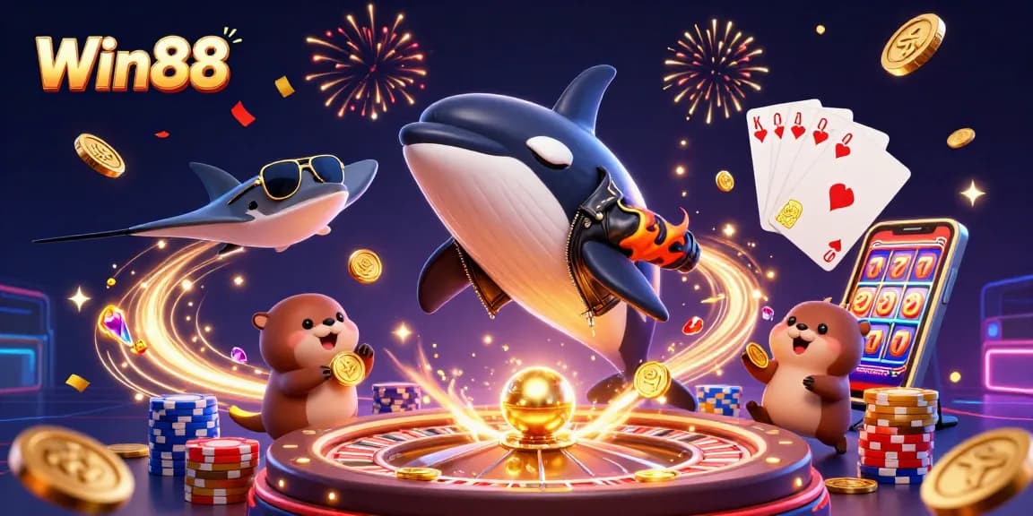 Experience Win88 excitement with cartoon characters and dynamic casino elements in a vibrant illustration.