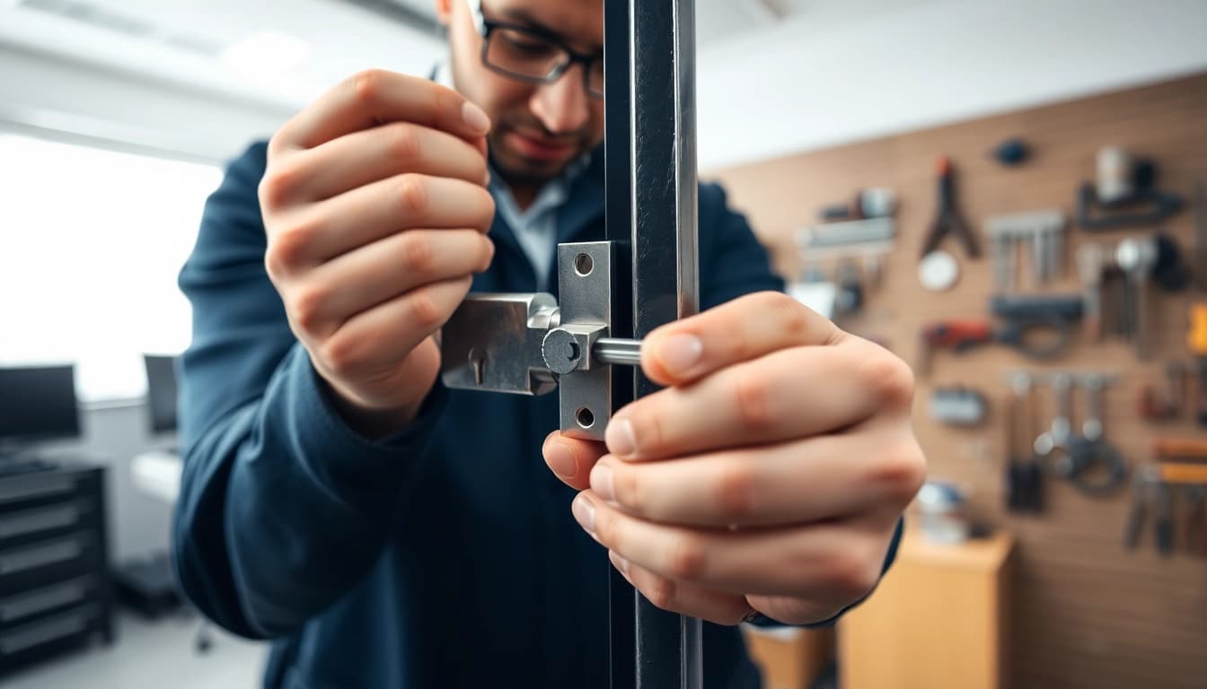 Durham locksmith expertly repairing a high-security lock in a professional workspace.