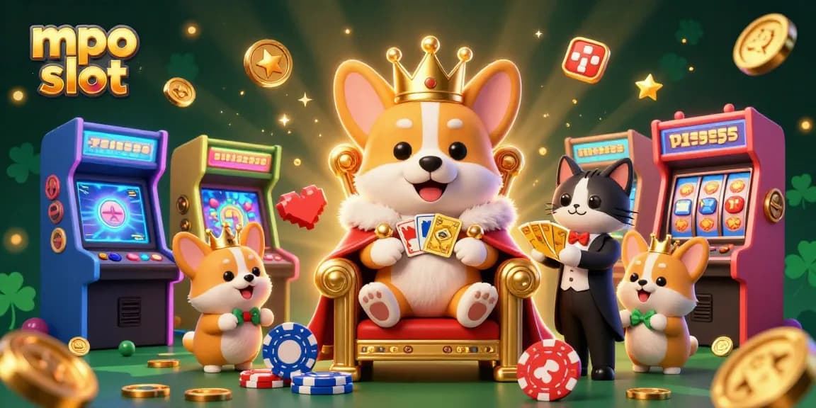 Win big with MPO slot in this vibrant 3D casino scene featuring a crowned corgi and lively game elements.