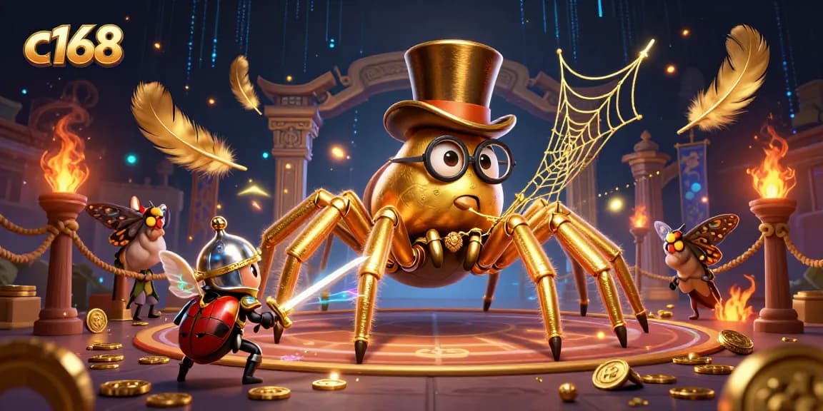 Experience thrilling gaming moments at c168 with a golden tarantula and beetle knight in a vibrant casino.