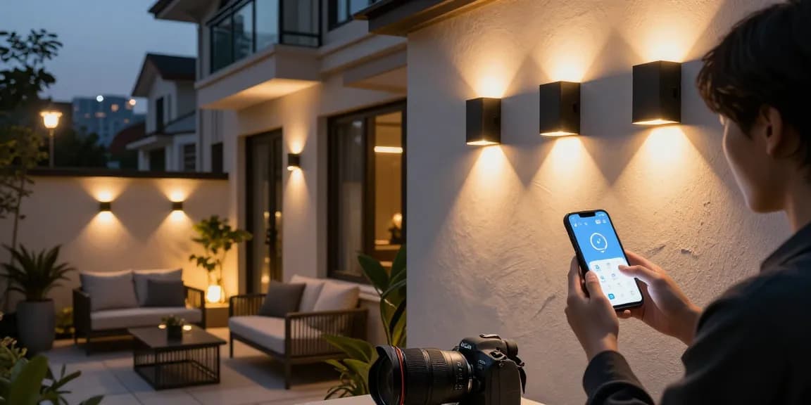 Aplica LED exterior iluminând o fațadă modernă, cu un utilizator ajustând setările luminii.