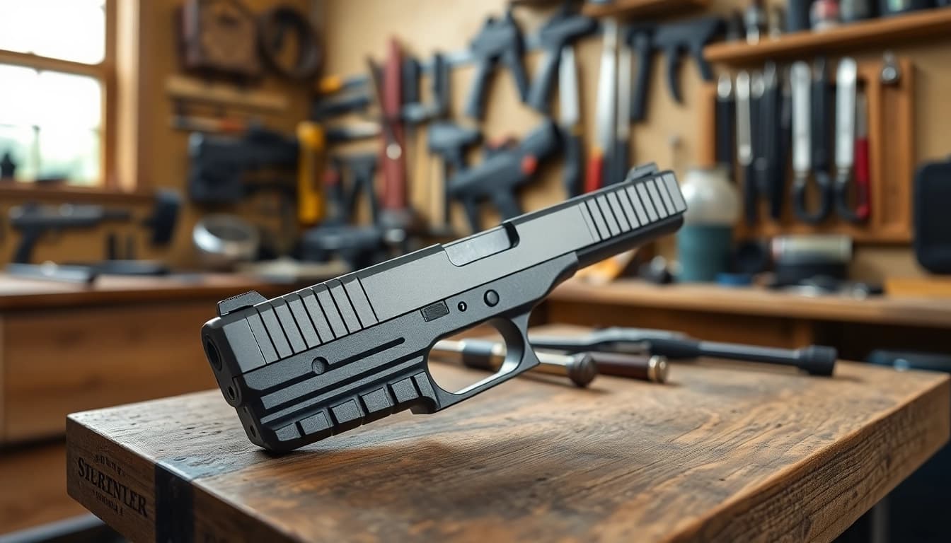 Showcase of a glock 19 gen 5 slide on a workbench, emphasizing its design and features.