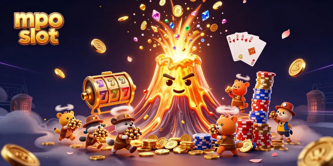 Experience the thrill of mpo slot with golden treasures erupting in a vibrant casino scene.