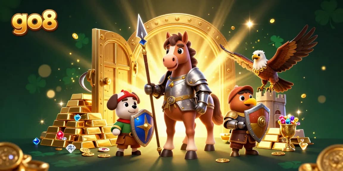 Experience the excitement at go8 casino with golden treasures and engaging characters in this dynamic illustration.