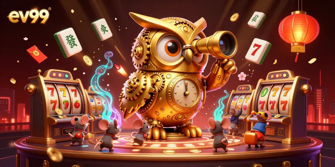 ev99 casino illustration with owl surveying slot machines and dynamic game elements.