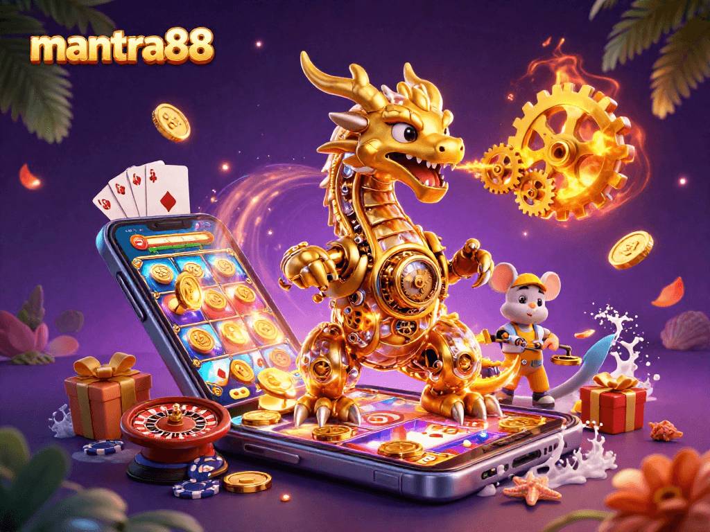 Experience the thrill of mantra88 with golden dragons and vibrant slot games in a magical setting.
