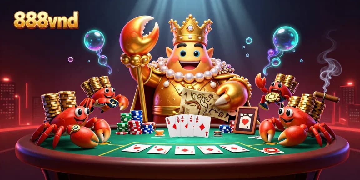 Engage in thrilling gameplay at 888vnd with the golden crab emperor in a vibrant casino scene.