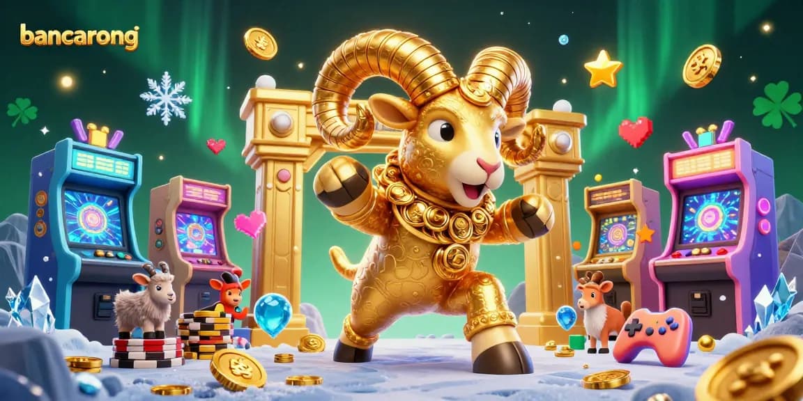 Bancarong showcases a golden ram charging towards a gate while surrounded by vibrant arcade game elements.