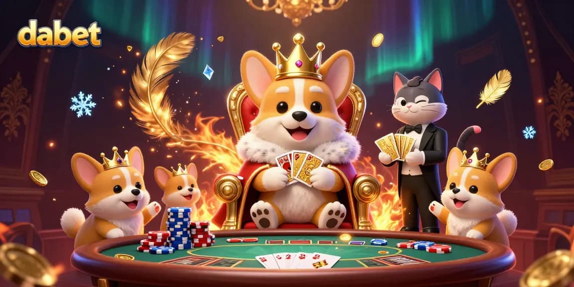 Dabet casino illustration showcasing a royal corgi on a poker chip throne with a cat butler presenting cards.
