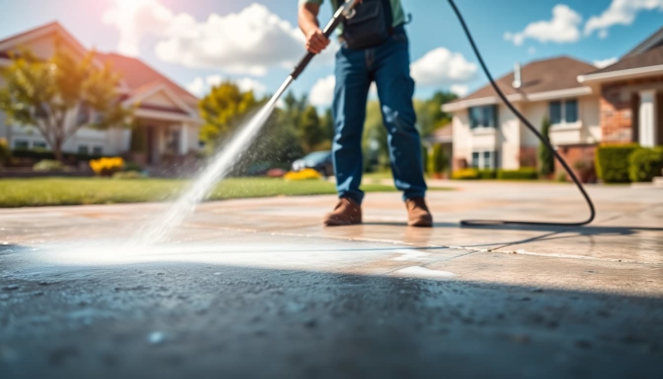 Driveway cleaning with a professional worker using a pressure washer on a concrete surface.