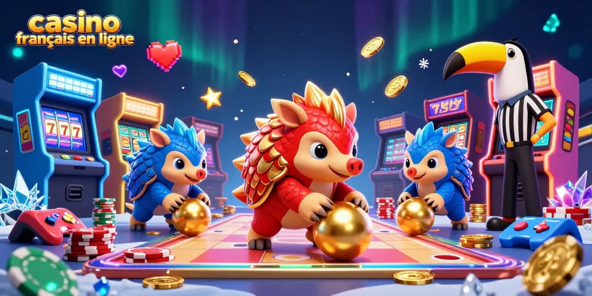 Jouez au casino français en ligne avec une illustration 3D captivante des pangolins en compétition.