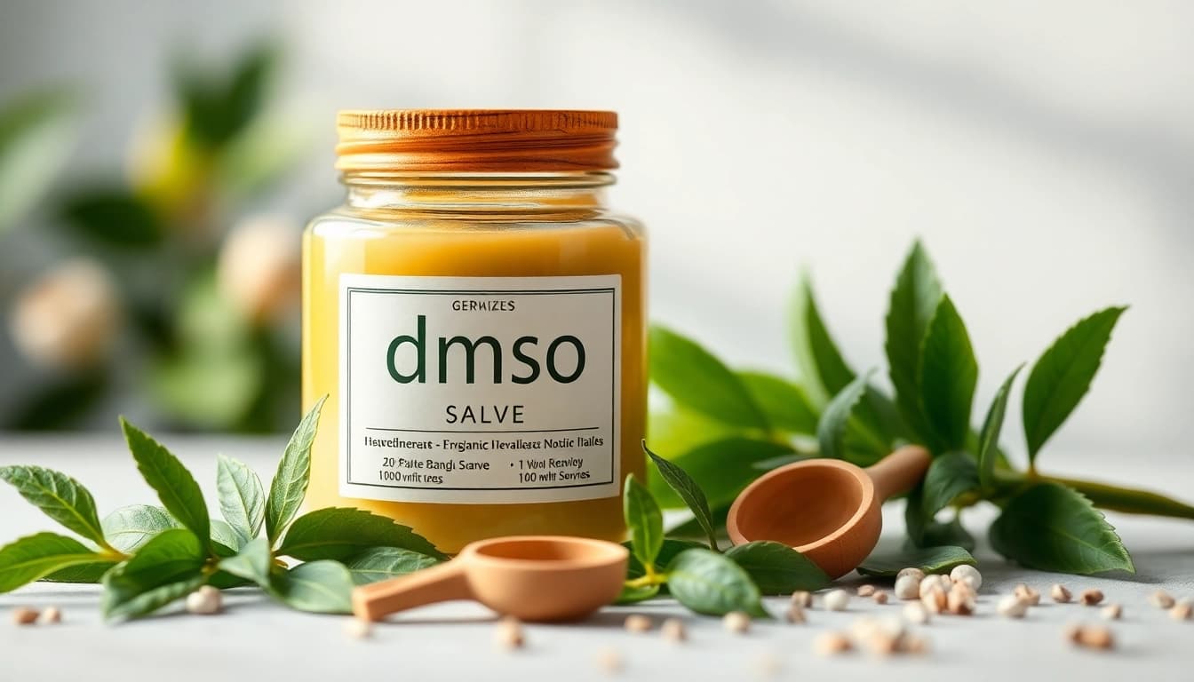 Apply dmso salve in a serene setting with natural herbs and calming colors.