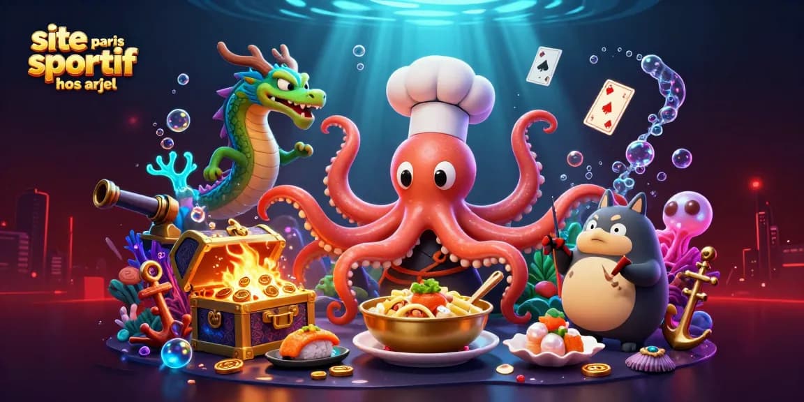 Plongez dans l'univers du site paris sportif hors arjel avec un chef sushi poulpe et un dragon en feu.