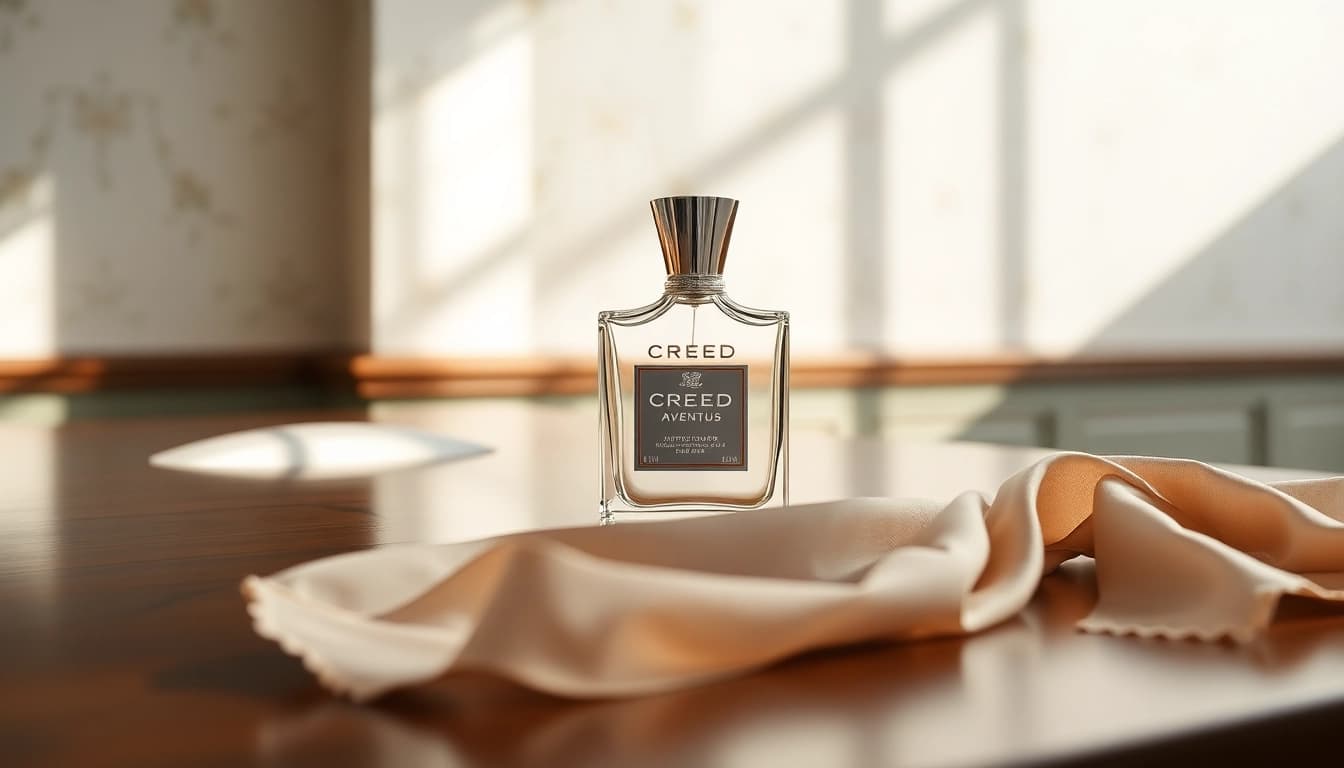 Admire the allure of creed aventus bottle elegantly placed in a luxurious setting.