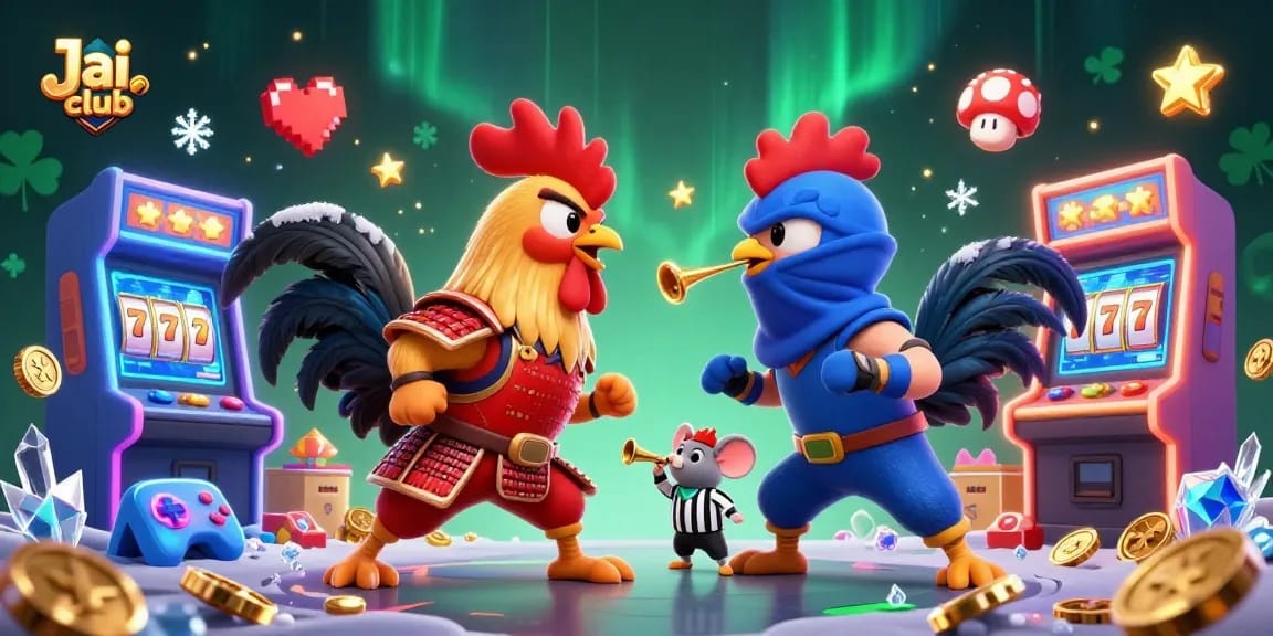Engage with Jai club's thrilling cartoon battle of fighting roosters featured in a vibrant casino setting.