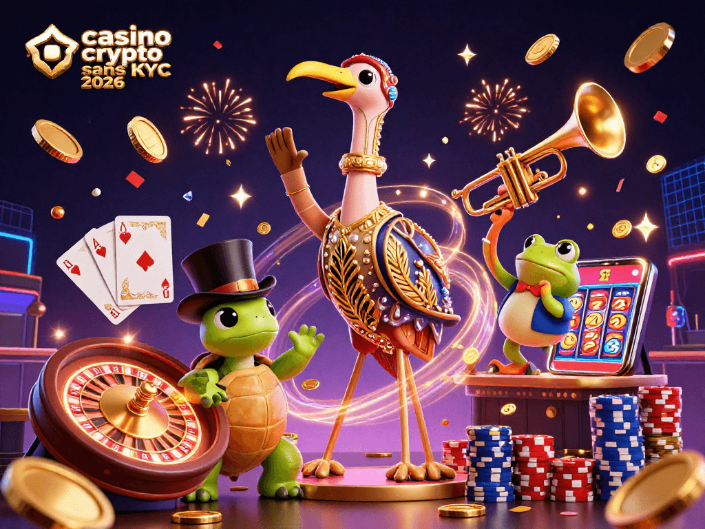 Illustration de casino crypto sans KYC 2026 avec des personnages animés jouant et s'amusant au casino.