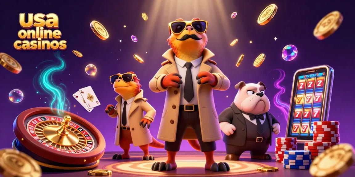 Engage with usa online casinos offering thrilling games in a comedic 3D scene featuring cartoon raptors and casino elements.