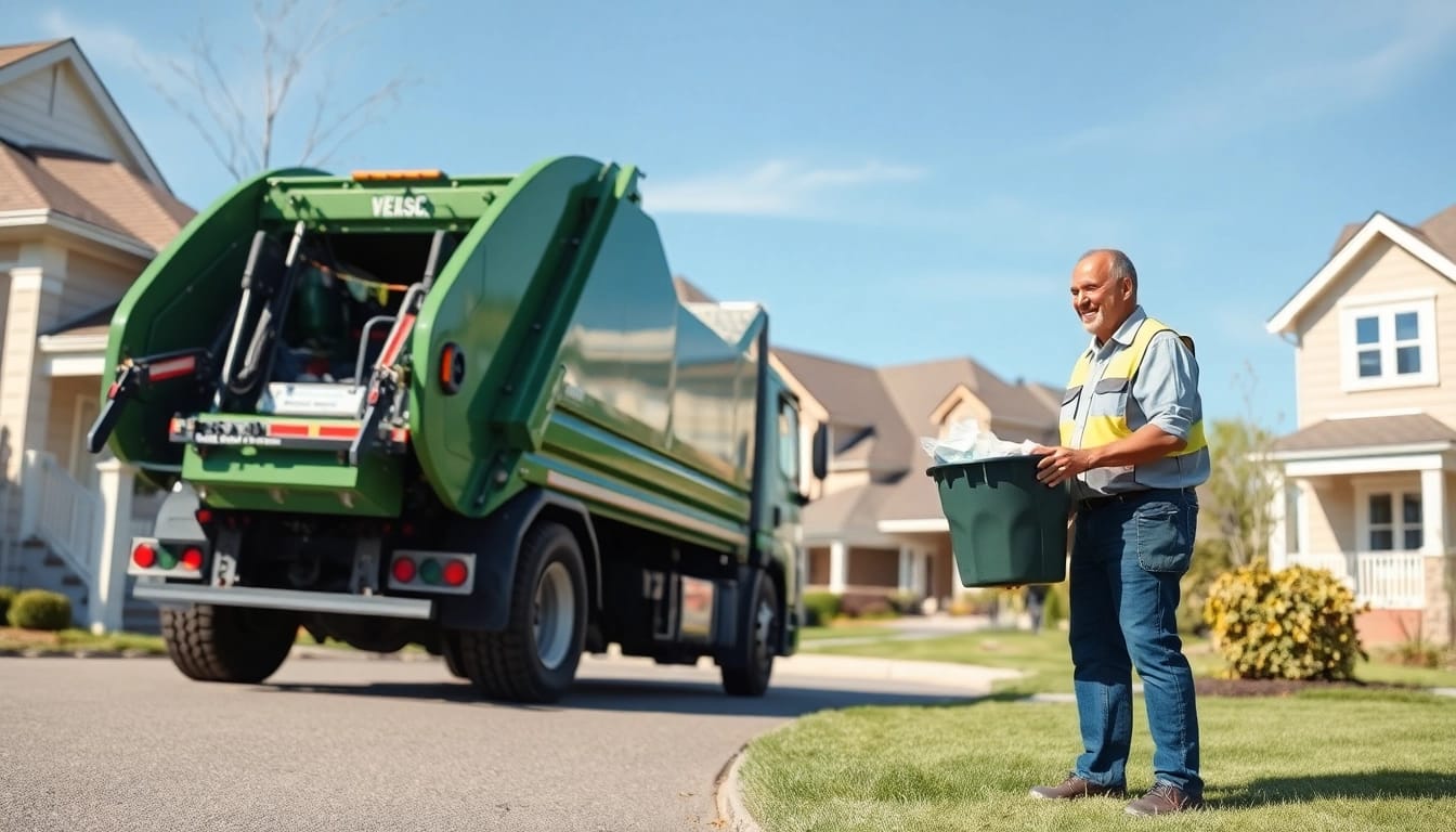 Cold Lake garbage schedule services demonstrated with a friendly interaction between a collector and homeowner.