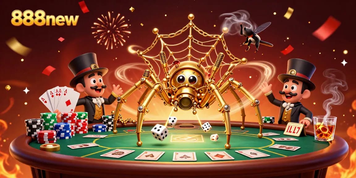 Catch the excitement at 888new casino with a vibrant illustration of a steampunk spider and joker.