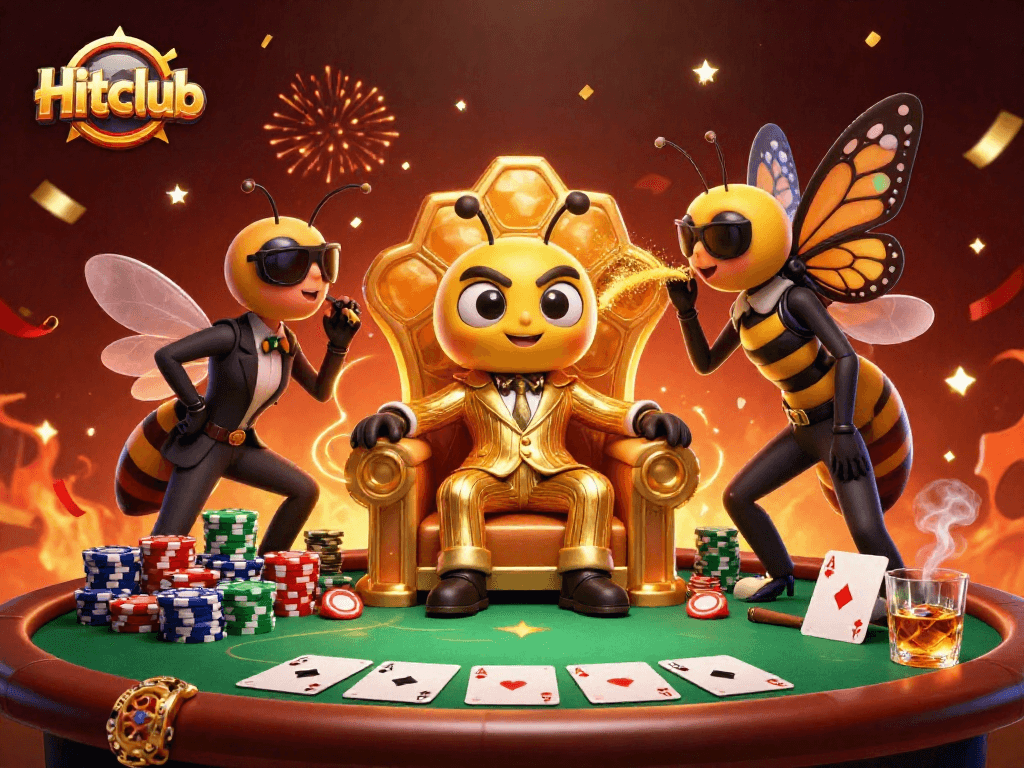 Hitclub showcases a vibrant poker scene with a bumblebee mob boss and wasp bodyguards, illustrating thrilling gaming.