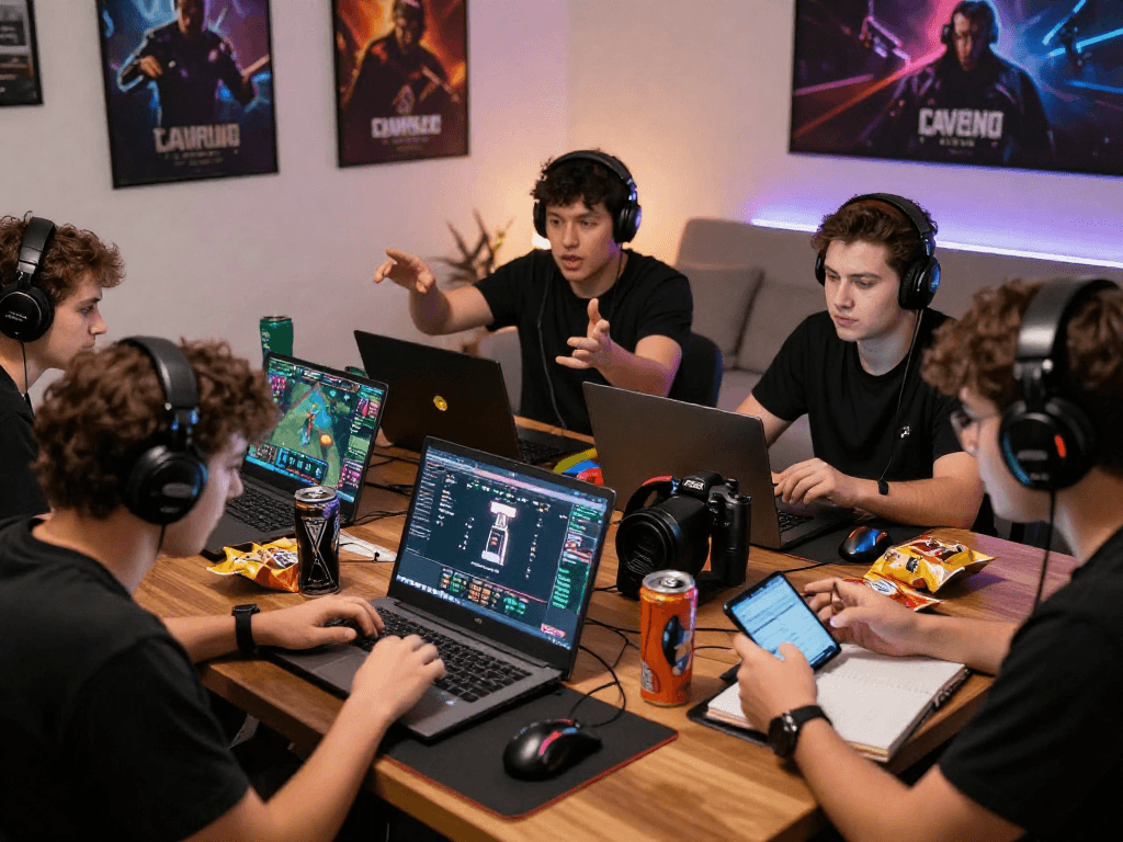 Engaged group analyzing 롤토토 strategies while enjoying a League of Legends match together, surrounded by gaming gear and snacks.