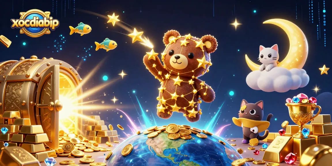 xocdiabip casino illustration capturing excitement and wealth with constellation bear, treasure, and dynamic energy.