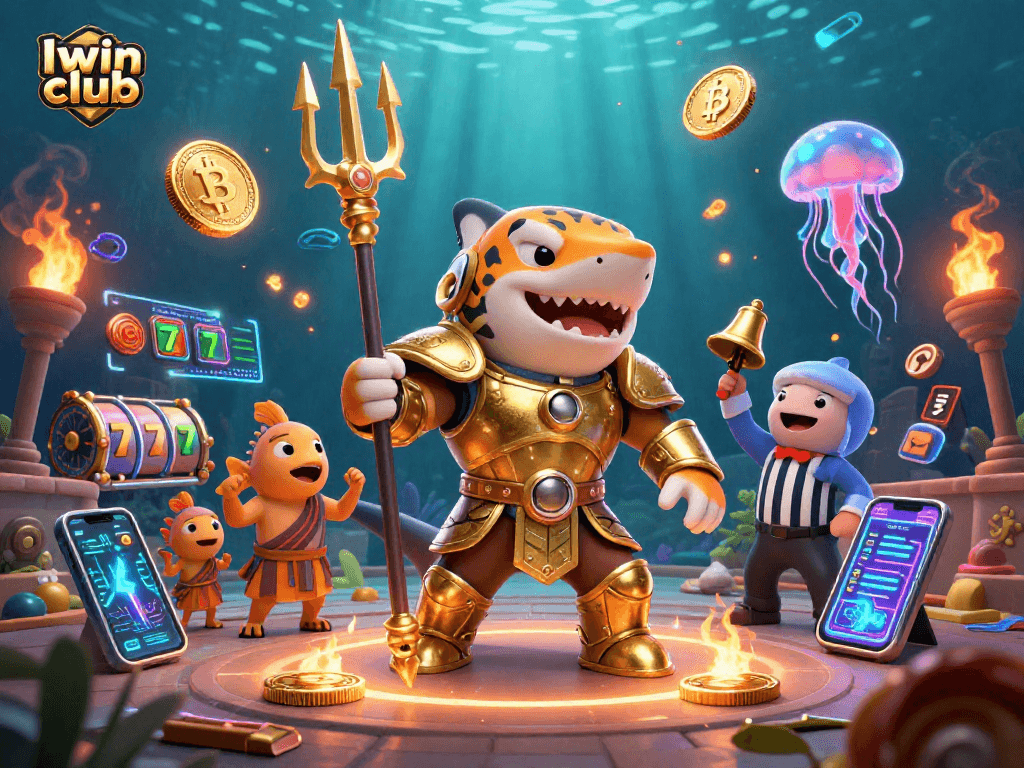 Iwin club showcases an aquatic gambling scene with a golden-armored tiger shark and vibrant slot machines.