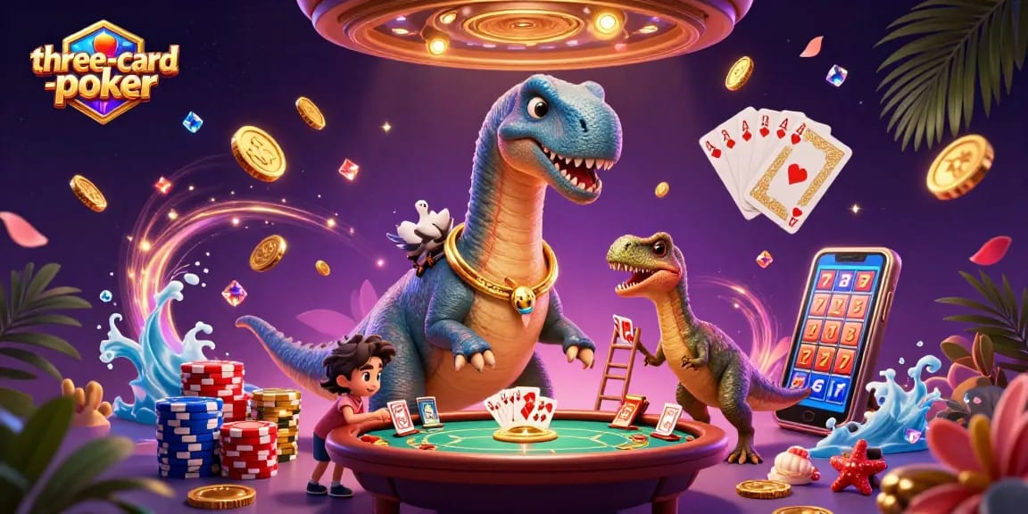 Experience the excitement of three-card-poker with a giant brontosaurus overseeing a lively casino scene.