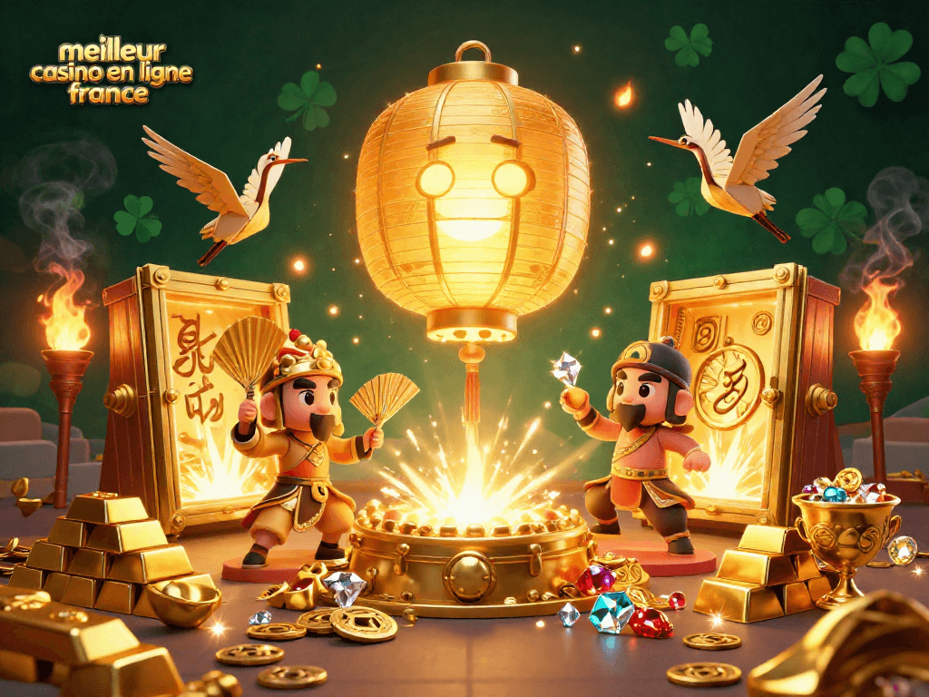 Explorez le meilleur casino en ligne France avec une scène dynamique de jeux et de symboles chanceux.