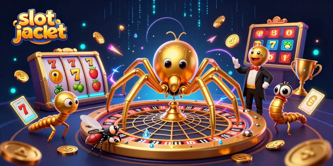 Judul gambar menggambarkan slot jackpot dengan laba-laba emas bermain di kasino.
