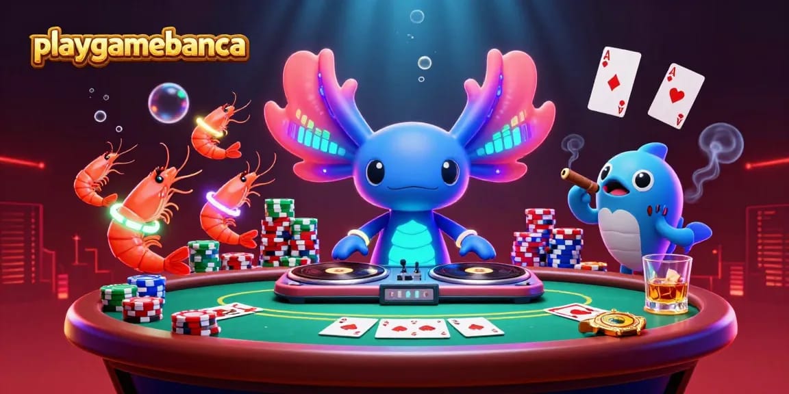 Experience playgamebanca's vibrant casino scene with a neon axolotl DJ, poker elements, and colorful marine life.