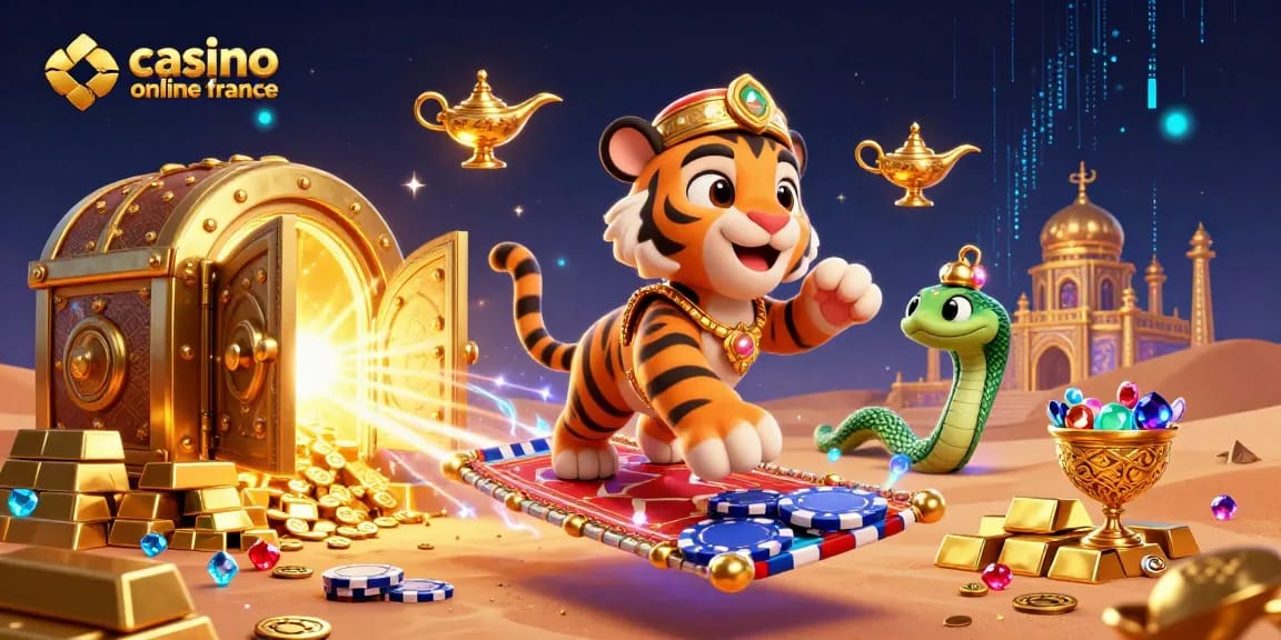 Un tigre sultan sur un tapis de poker brille dans le casino en ligne France avec un trésor doré scintillant.