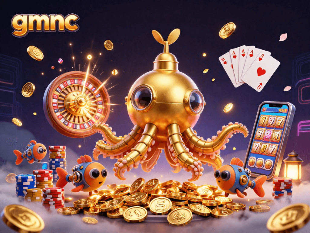 Experience thrilling gameplay with gmnc using a vibrant scene of a golden kraken and casino elements.