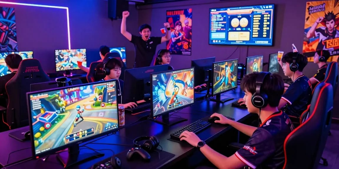 Immersive gaming lounge with players engaged in เกมสล็อต, featuring colorful screens and dynamic atmosphere.