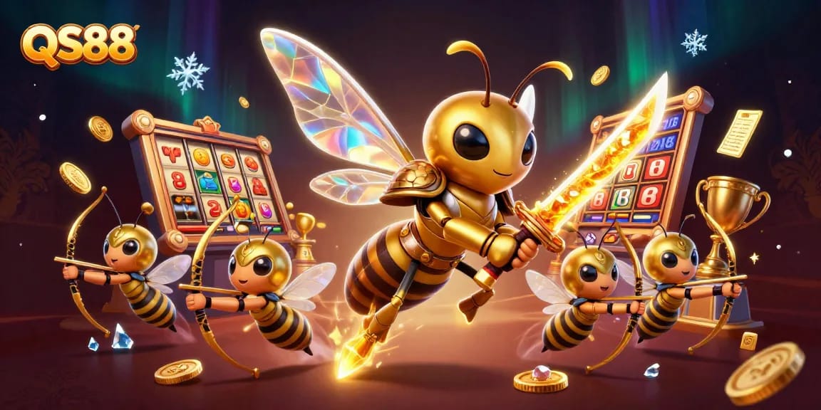 Experience the excitement at QS88 with colorful slot elements and dynamic characters in a vibrant casino scene.