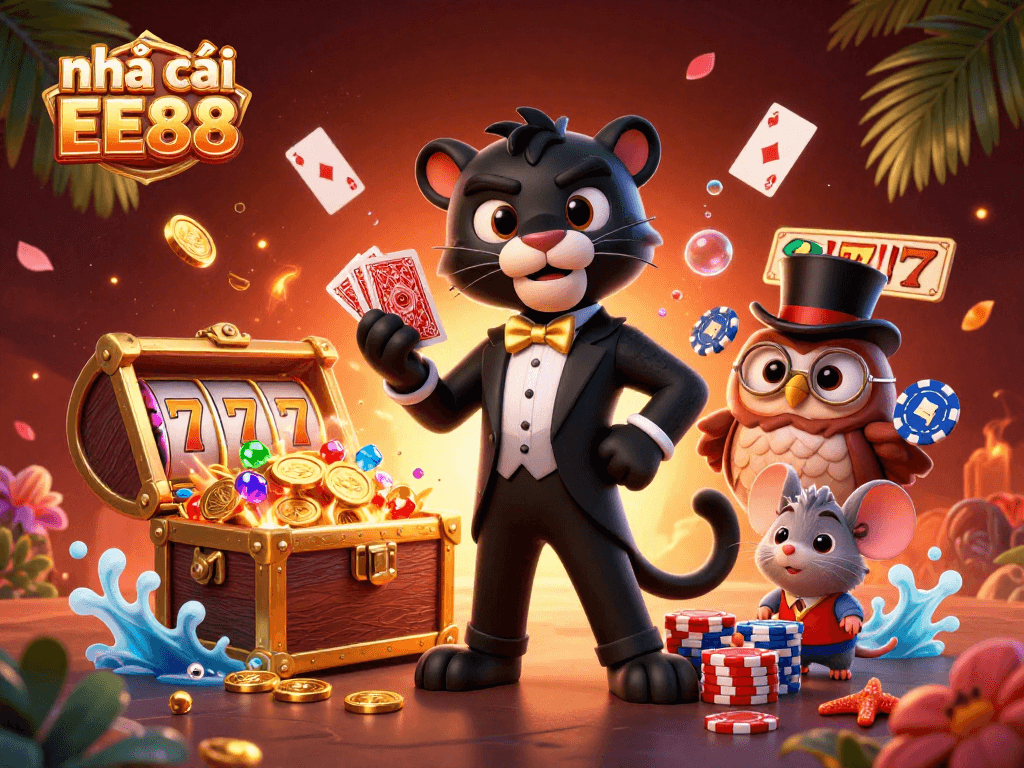 Engage with nhà cái EE88 as the black panther deals cards amidst a vibrant casino scene.
