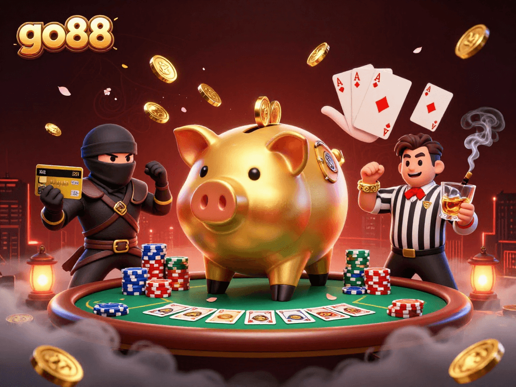 go88 features a colossal golden piggy bank wrestler dominating a vibrant poker scene, spreading golden coins.